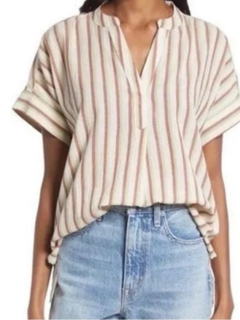 Madewell Crinkle Cotton Cream Striped Short-Sleeve V-Neck Blouse
